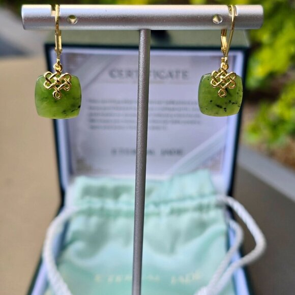 Dynasty ✦ Nephrite Jade Square Drops ✦ 18k Gold Over 925 Silver Earrings NWT - Picture 9 of 17
